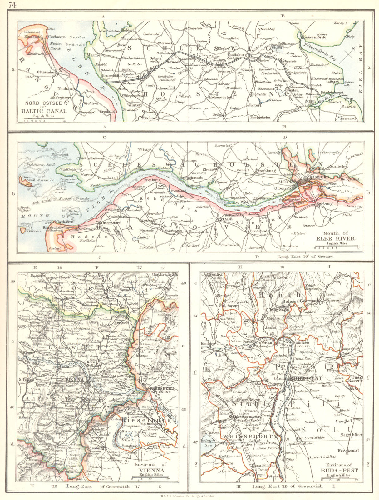 EUROPE. Baltic Kiel Canal;Mouth Elbe river Hamburg;Vienna;Budapest 1897 map
